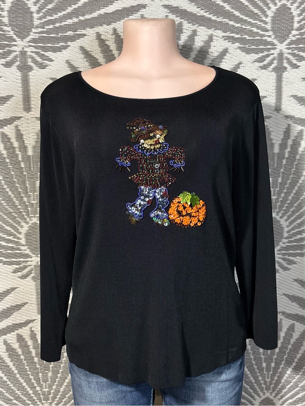 Vintage 90s Halloween Top Womens XL Sequin Beaded Scarecrow Pumpkin Black